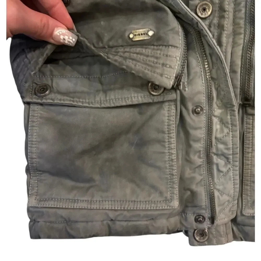 DIESEL Boys Utility Hooded Convertible Jacket Coat Gray Distressed Layered Moto
